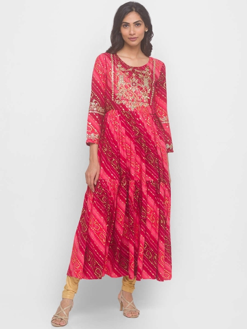 

ZOLA Women Maroon & Pink Bandhani Printed Thread Work Anarkali Kurta