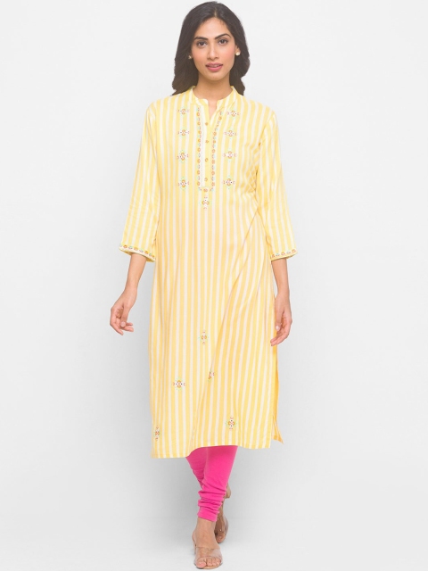 

ZOLA Women Yellow Striped Cold-Shoulder Sleeves Thread Work Anarkali Kurta