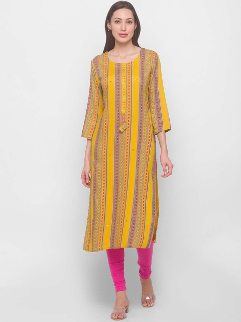 

ZOLA Women Mustard Yellow Striped Keyhole Neck Kurta
