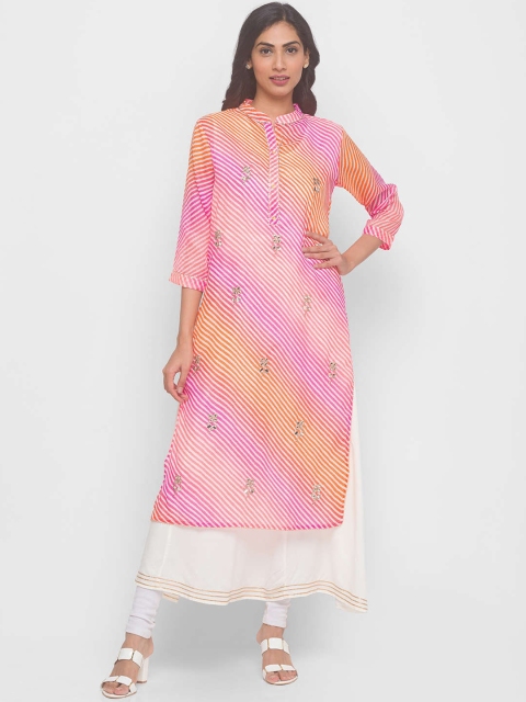 

ZOLA Women Pink & Orange Striped Mirror Work Kurta
