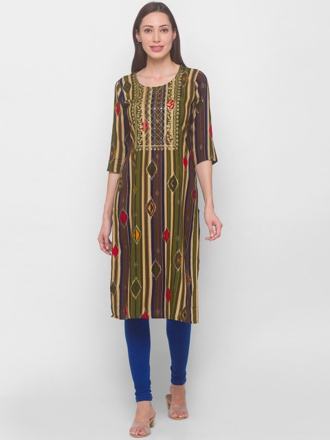 

ZOLA Women Green Striped Keyhole Neck Flared Sleeves Kurta