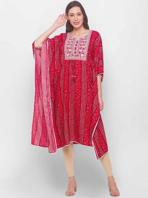 

ZOLA Women Red Ethnic Motifs Yoke Design Flared Sleeves Kaftan Kurta