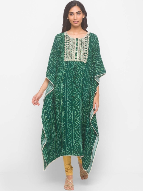 

ZOLA Women Green Leheriya Printed Flared Sleeves Mirror Work Kaftan Kurta