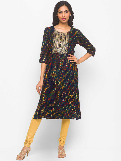 

ZOLA Women Navy Blue Ikat Printed Kurta