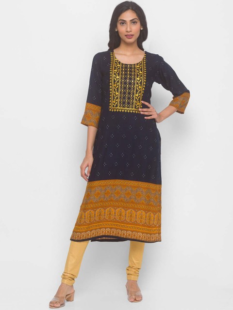 

ZOLA Women Navy Blue Ethnic Motifs Yoke Design Kurta
