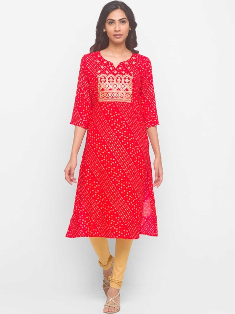 

ZOLA Women Red Bandhani Print Yoke Design Mirror Work Kurta