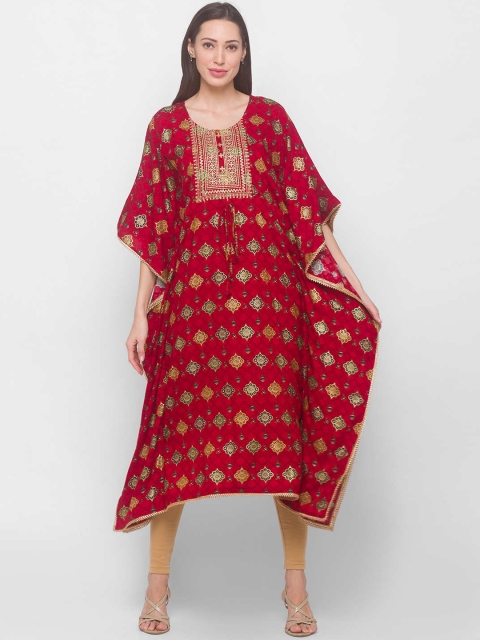 

ZOLA Women Maroon Ethnic Motifs Embellished Flared Sleeves Thread Work Kaftan Kurta