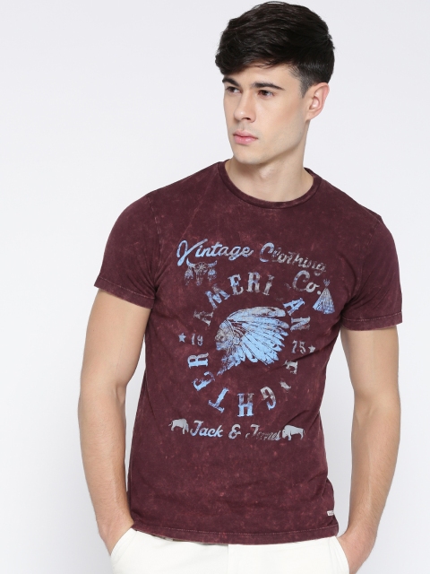 

Jack & Jones Men Burgundy Printed Round Neck T-shirt