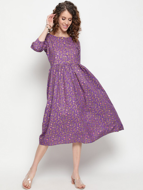 

THE NKS PLUS Purple Cotton Ethnic Motifs A-Line Midi Dress