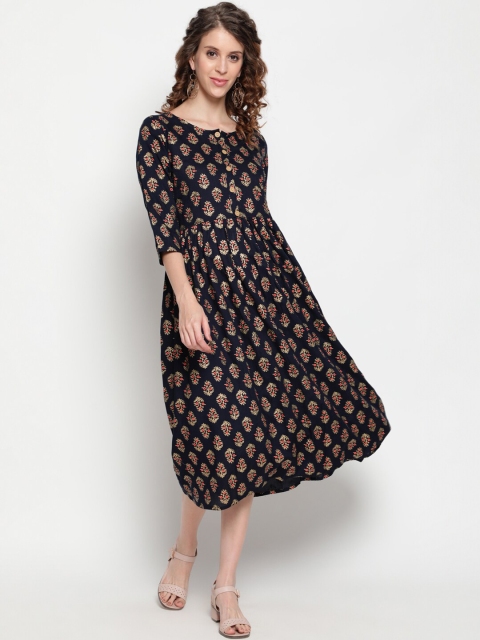 

THE NKS PLUS Navy Blue Cotton Ethnic Motifs A-Line Midi Dress