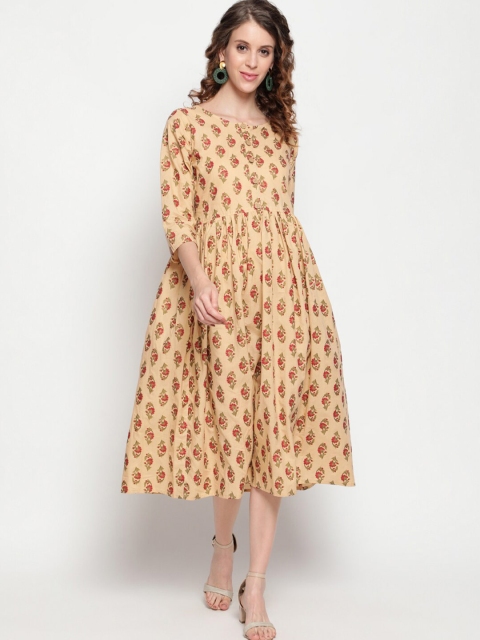 

THE NKS PLUS Beige Ethnic Motifs A-Line Cotton Midi Dress