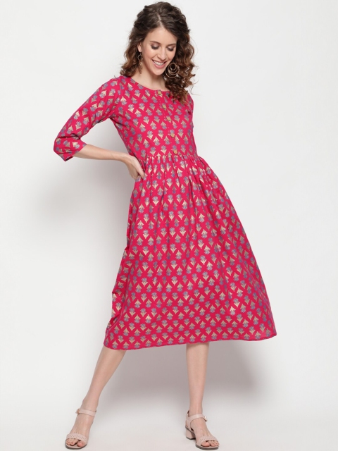 

THE NKS PLUS Pink Cotton Ethnic Motifs A-Line Midi Dress