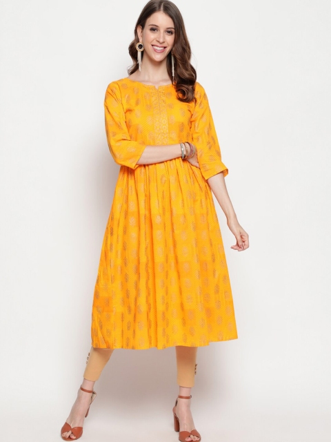 

THE NKS PLUS Yellow Cotton Ethnic Motifs A-Line Midi Dress