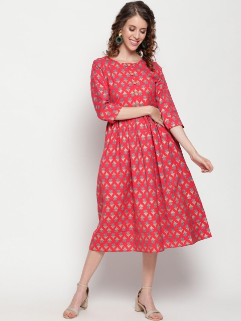 

THE NKS PLUS Red Cotton Ethnic Motifs A-Line Midi Dress