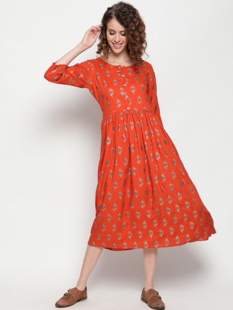 

THE NKS PLUS Orange Cotton Floral A-Line Midi Dress