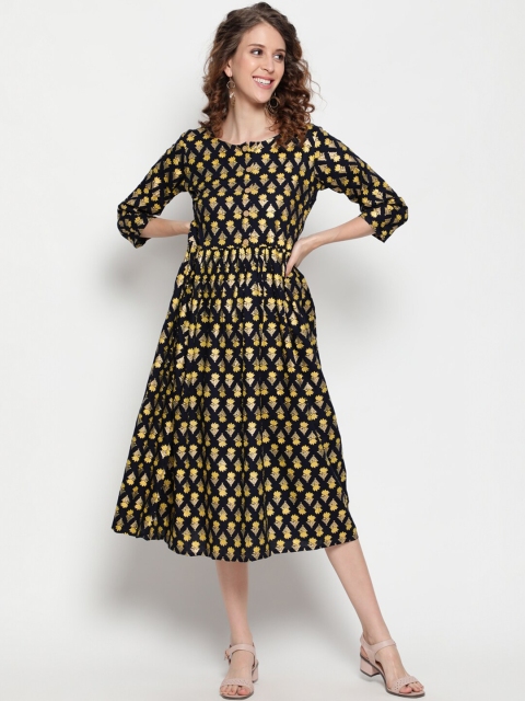 

THE NKS PLUS Yellow & Black Cotton Ethnic Motifs A-Line Midi Dress