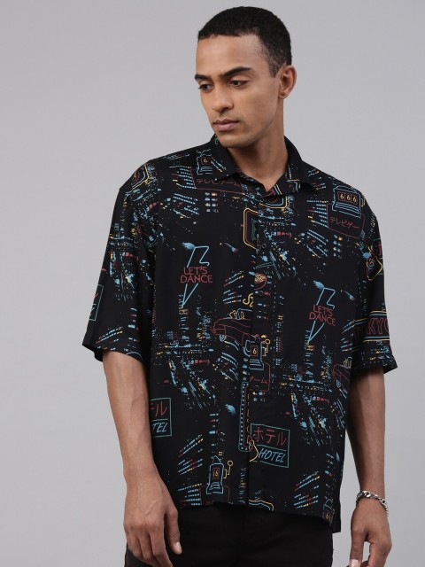 

Breakbounce Men Black Boxy Fit Printed Casual Shirt