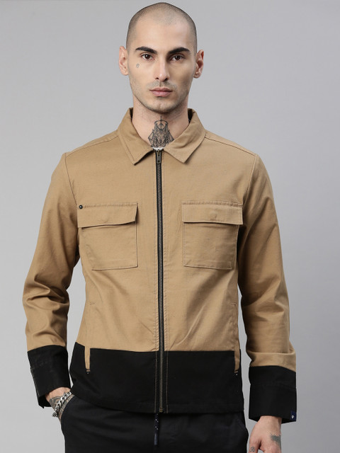 

Breakbounce Men Khaki Colourblocked Crop Outdoor Leather Jacket with Patchwork