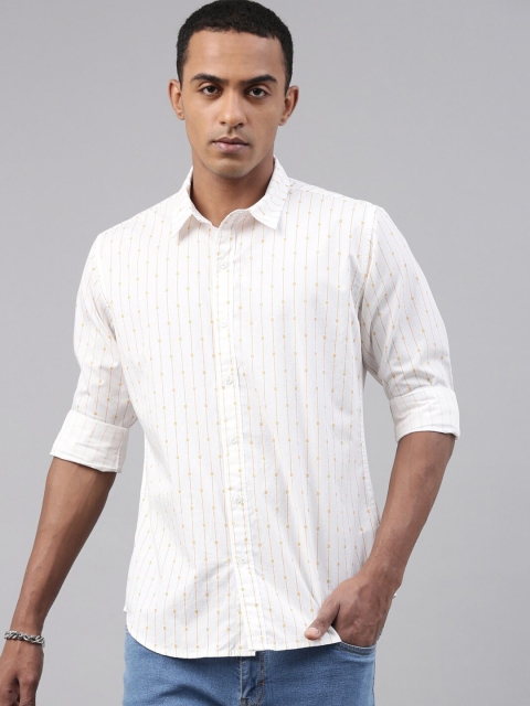 

Breakbounce Men White & Yellow Slim Fit Striped Pure Cotton Casual Shirt