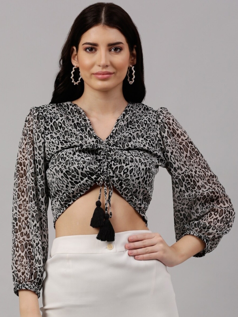 

NEUDIS Black Animal Chiffon Fitted Crop Top