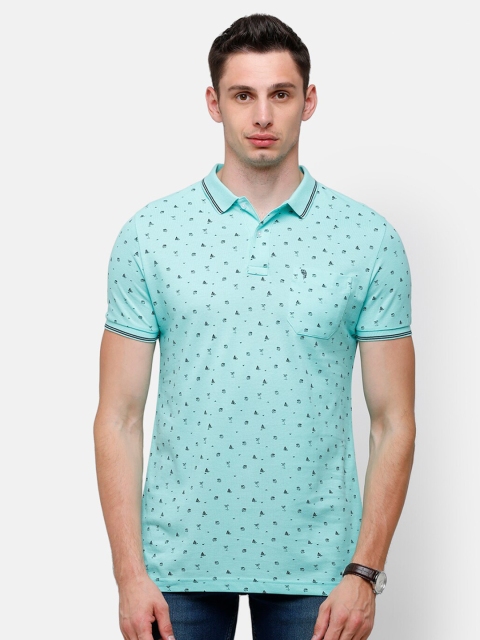 

Swiss Club Men Turquoise Blue & Black Printed Polo Collar Slim Fit T-shirt