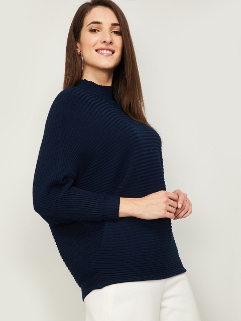 

CODE by Lifestyle Women Navy Blue Self Striped High Neck Sweatshirt
