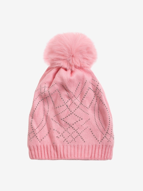 

LOOM LEGACY Women Pink & White Acrylic Wool Beanie