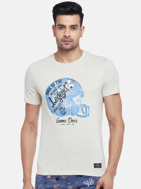 

People Men Grey Melange Typography Printed T-shirt