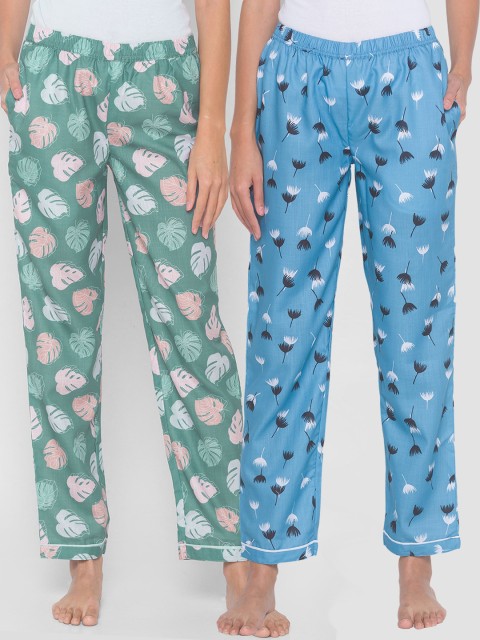 

FashionRack Women Blue & Green Pack of 2 Cotton Printed Pyjamas