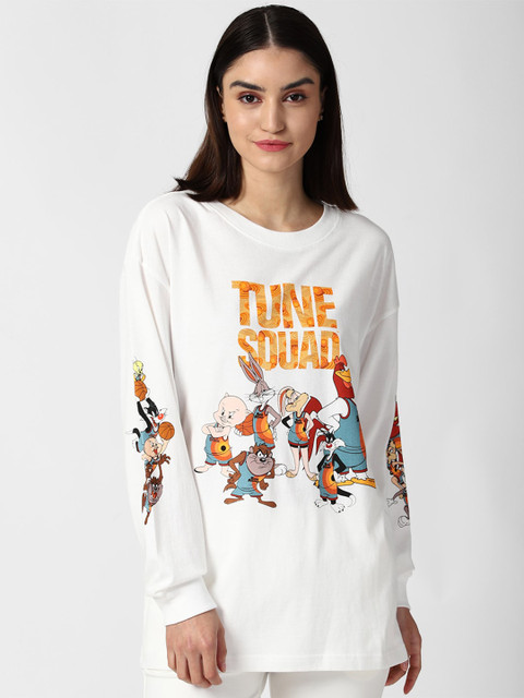 

FOREVER 21 Women White Looney Tunes Graphic Printed Longline T-shirt