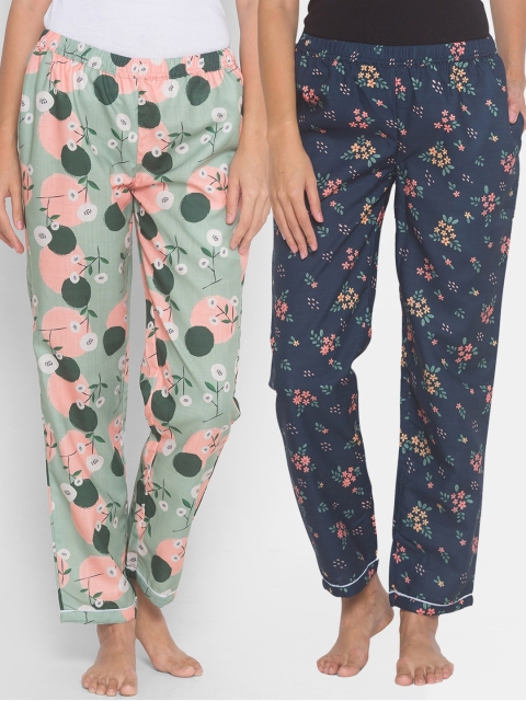 

FashionRack Women Pack Of 2 Blue Printed Lounge Pant, Navy blue