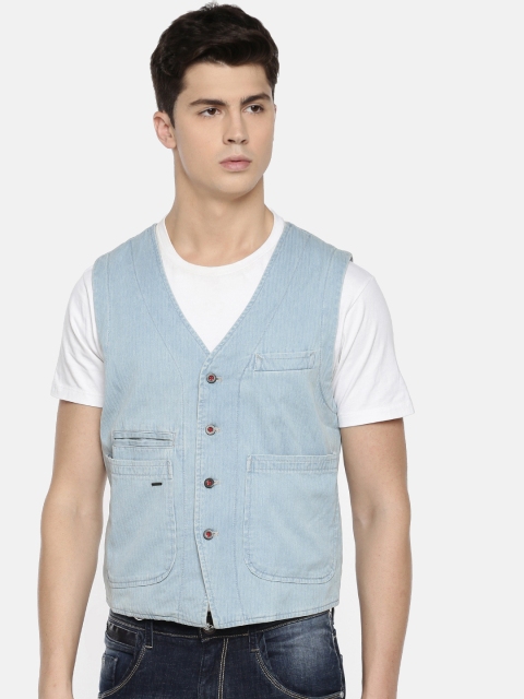 

Jack & Jones Blue Solid Single-Breasted DEnim Pure Cotton Waistcoat