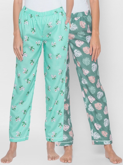 

FashionRack Women Blue & Green Printed Pack of 2 Lounge Pants