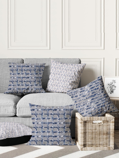 

BIANCA Blue & Grey Set of 5 Geometric Square Cushion Covers