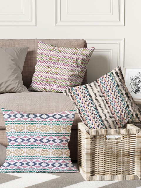 

BIANCA Set Of 3 Multicoloured Geometric Tweed Luxury Square Cushion Covers, Multi