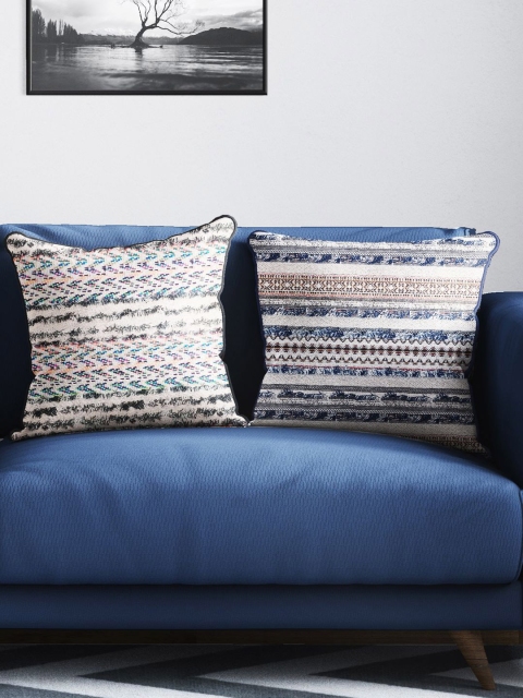 

BIANCA Beige & Blue Set of 2 Geometric Tweed Square Cushion Covers
