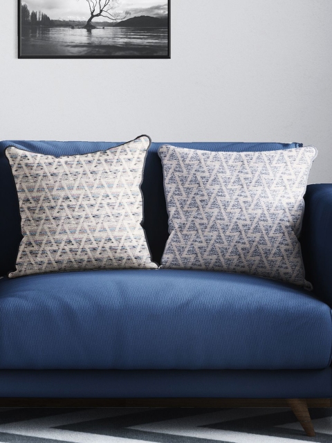 

BIANCA Beige & Blue Set of 2 Geometric Tweed Square Cushion Covers