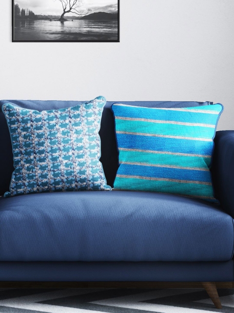 

BIANCA Blue & Teal Set of 2 Striped Tweed Square Cushion Covers