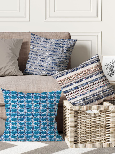 

BIANCA Set Of 3 Blue & Grey Abstract Tweed Luxury Square Cushion Covers