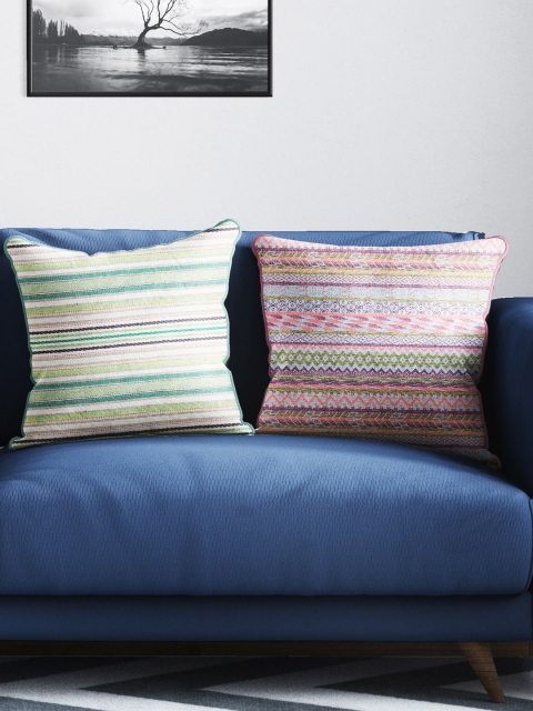 

BIANCA Green & Pink Set of 2 Striped Square Cushion Covers