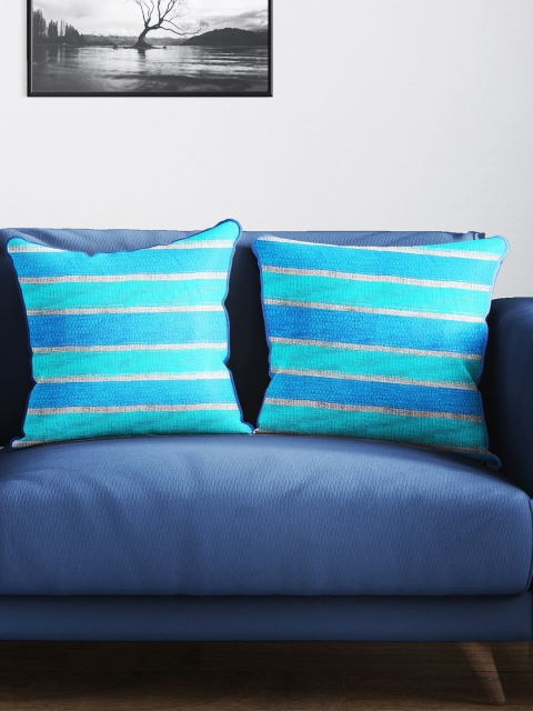 

BIANCA Set of 2 Turquoise Blue & Blue Striped Tweed Luxury Square Cushion Covers