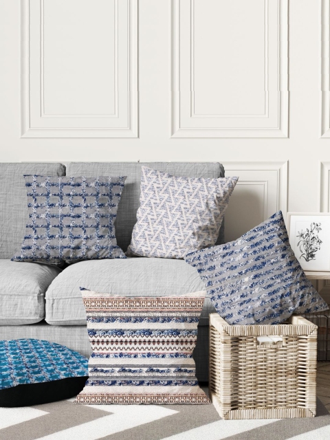 

BIANCA Blue & Grey Set of 5 Abstract Tweed Square Cushion Covers