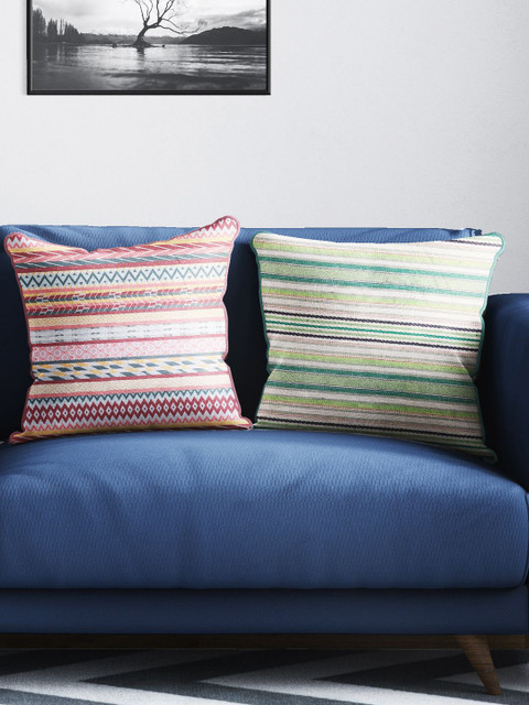 

BIANCA Red & Green Set of 2 Striped Tweed Square Cushion Covers