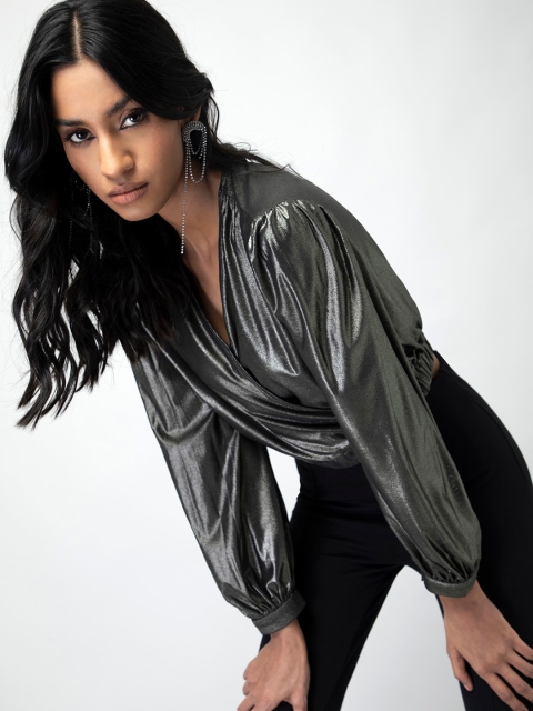 

FabAlley Black Metallic Crop Wrap Top