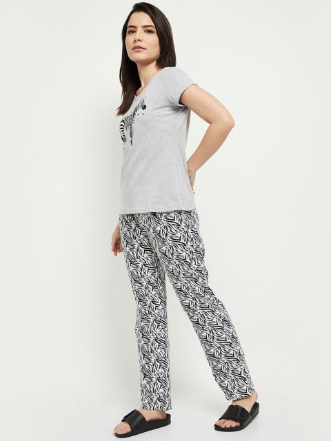 

max Women Grey Melange & Black Printed Pure Cotton Night suit