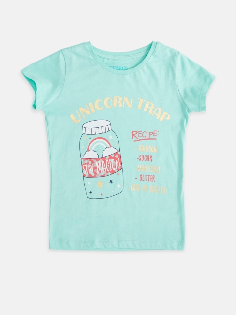 

Pantaloons Junior Girls Turquoise Blue Printed Pure Cotton T-shirt