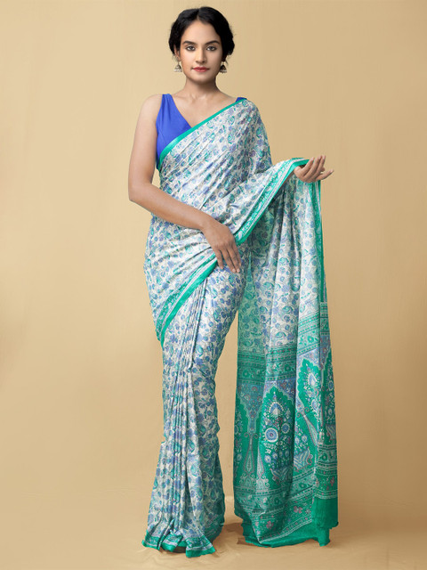 

Unnati Silks Sea Green & White Floral Patola Saree