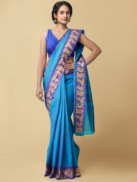 

Unnati Silks Blue & Gold-Toned Striped Pure Cotton Chettinad Saree