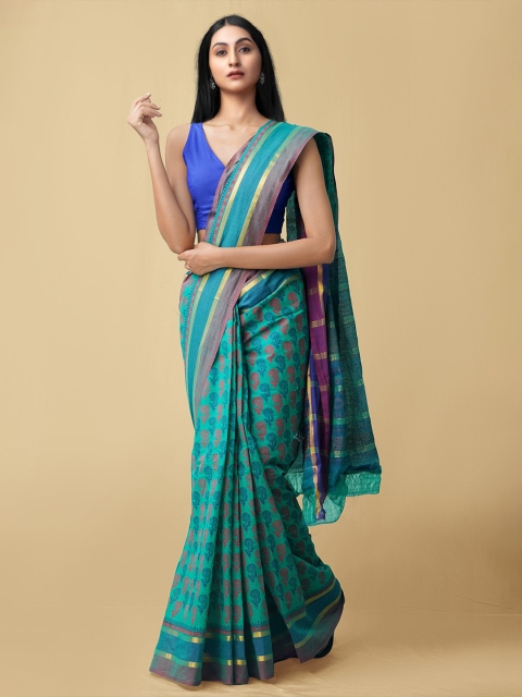 

Unnati Silks Green & Blue Floral Printed Pure Cotton Mangalagiri Saree