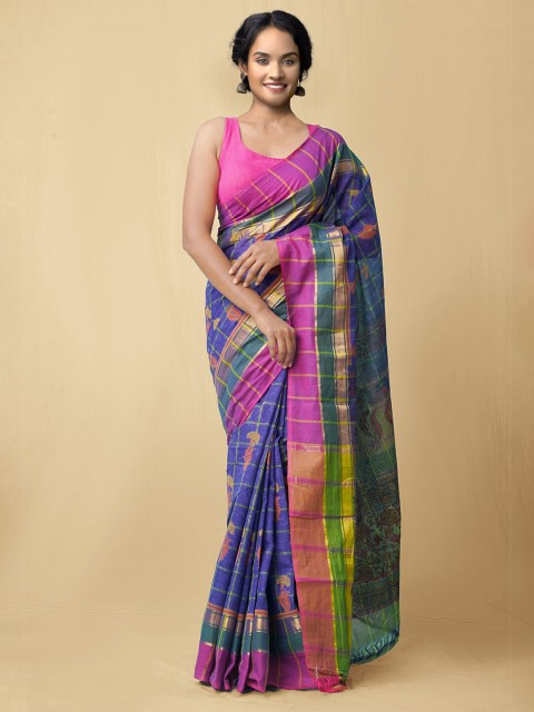 

Unnati Silks Blue & Pink Checked Zari Pure Cotton Mangalagiri Saree